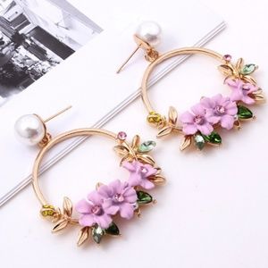 Pink Round Drop Crystal Flower Earrings